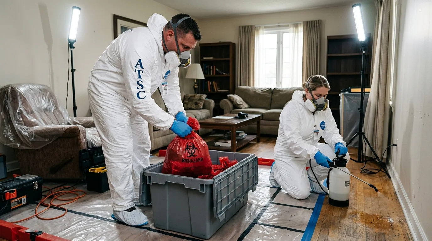 Professional Biohazard Cleanup technician in full PPE working in Prior Lake